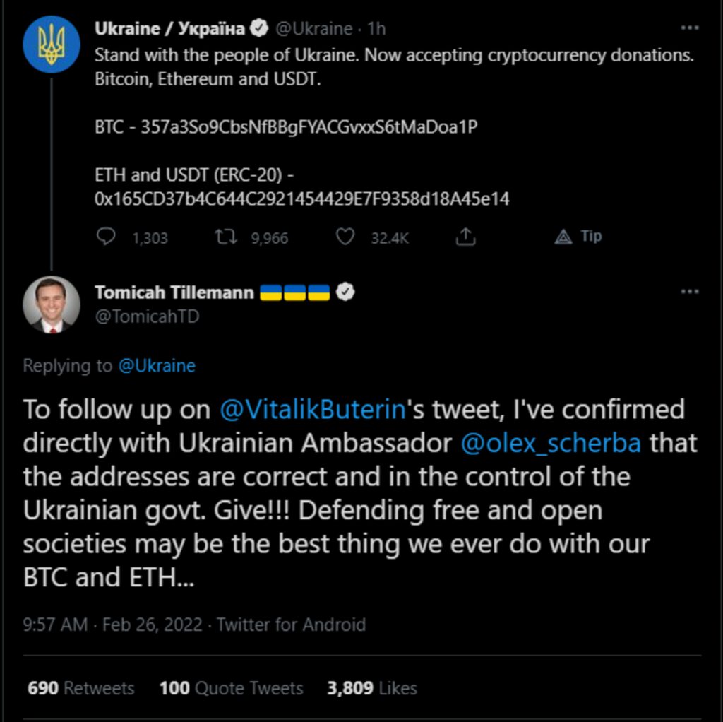 ukraine government using bitcoin donations in conflict with russia