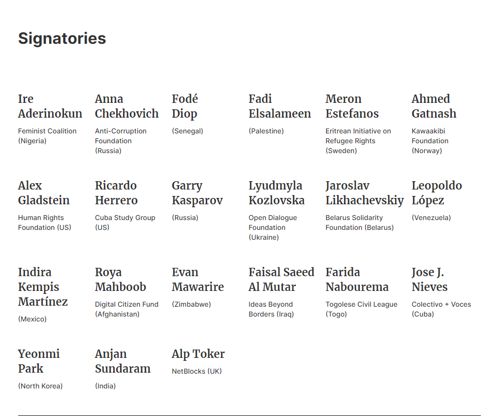 The activists who signed the letter.